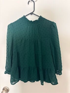 Smocked Neck Emerald Swiss Dot Peasant Blouse - Long Sleeve